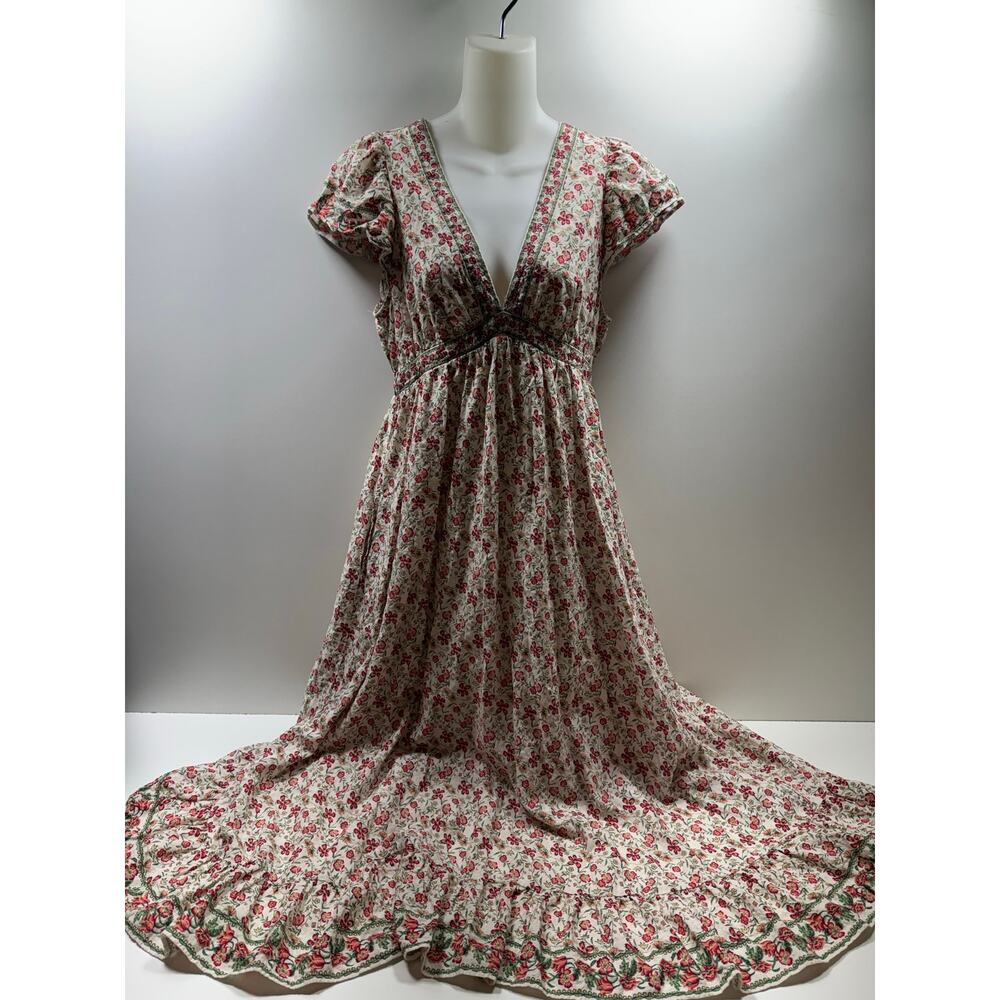 Max Studio Women’s Cottage Core Midi Dress Sz M (8-10) V Neck Floral Ruffled Hem